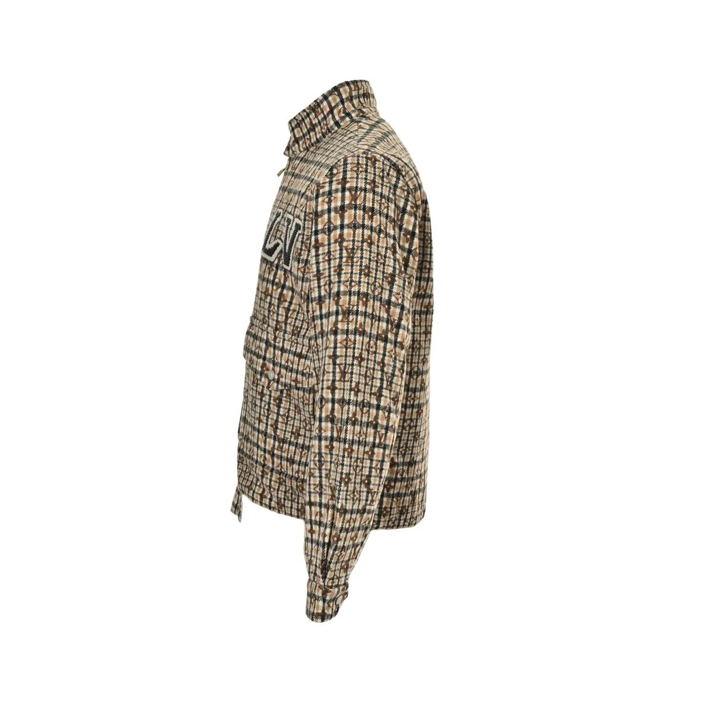 Louis Vuitton jacket with embroidered badges and all-over monogram print.